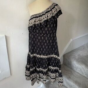 Bell Alicia Bell Black One Shoulder Ruffle Trim Printed Silk Blend Dress Size XS